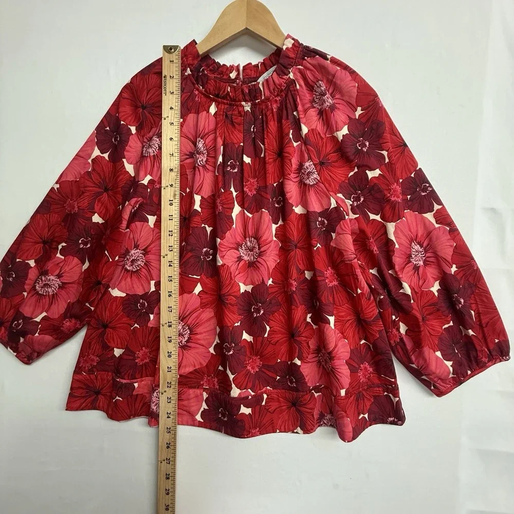 Crown & Ivy Floral Blouse Womens L Red Ruffle Neck Boho Peasant Top - Picture 8 of 13